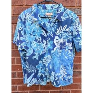 Vtg Jamaica Bay Button Up Top Blue Floral XL Cotton  Hawaiian Shirt Tropical